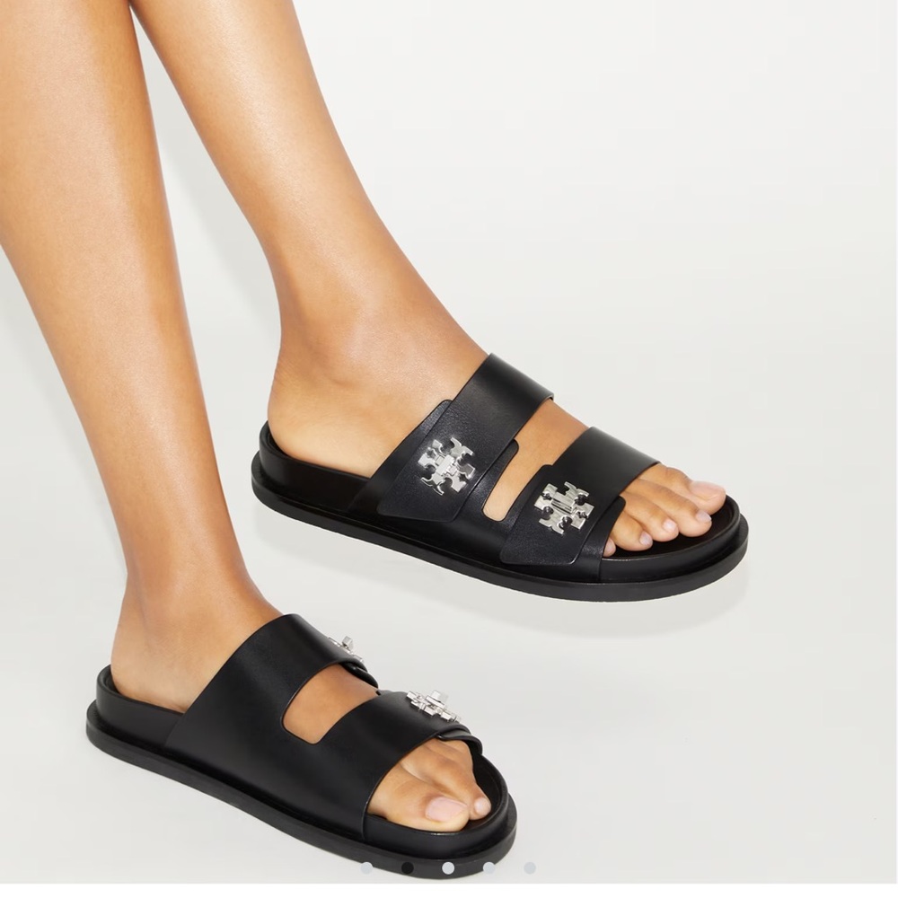 Tory Burch Black Turnlock Sport Slides with Silver Accents - Picture 2 of 6